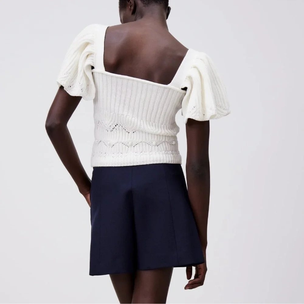Zara Ruffle Knit Crochet Top White Size Medium - Picture 4 of 8